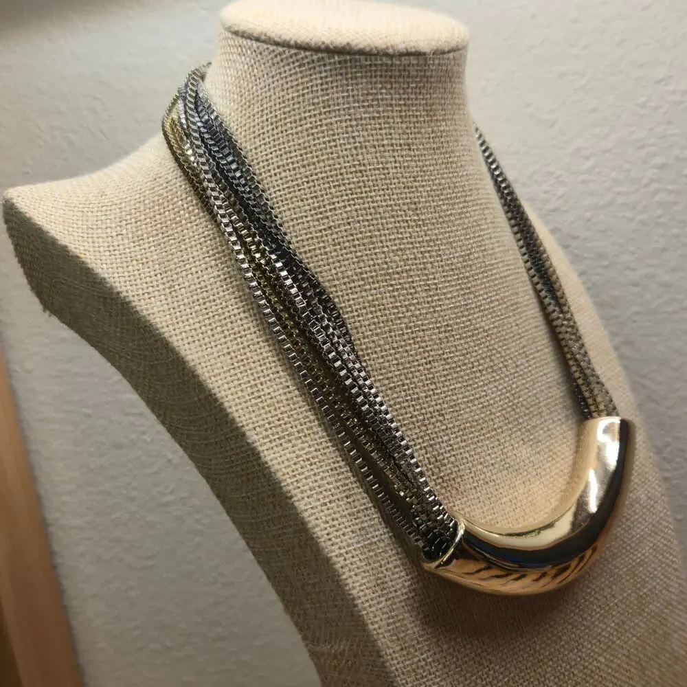 Vintage Lydell NYC Multi Strand Statement Necklace Two Tone Silver Gold Mesh